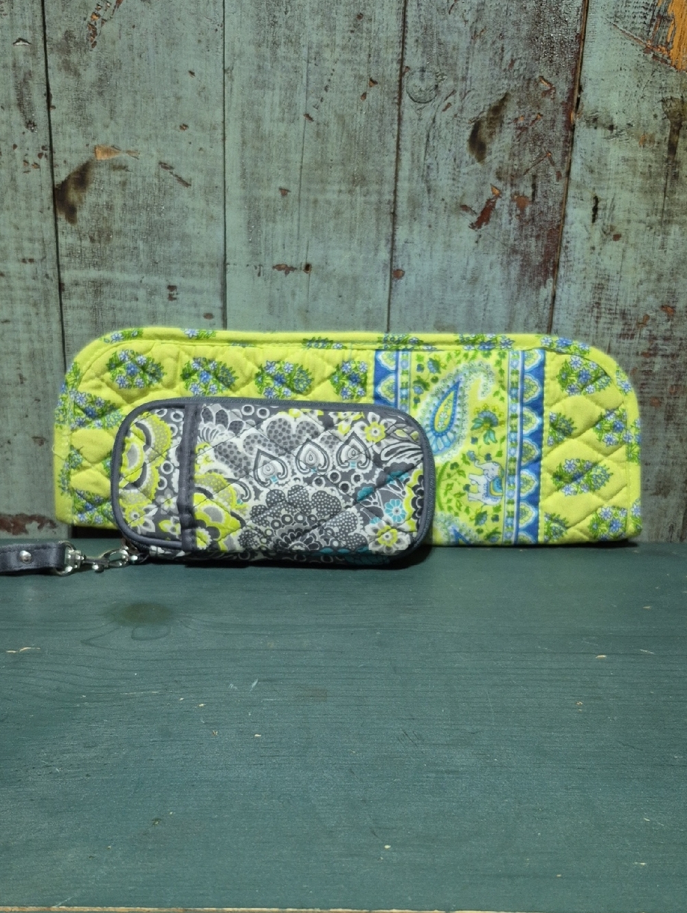 Quilted Paisley Wristlet and Flat Iron Case in Lime Green and Gray